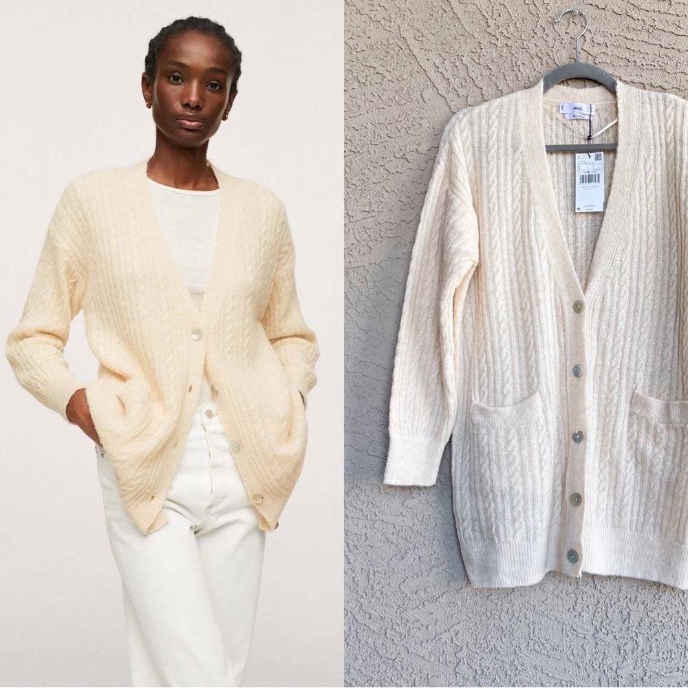 MANGO NWT Ivory Cream Ecru Cableknit V Neck Wool Longline Cardigan Sweater